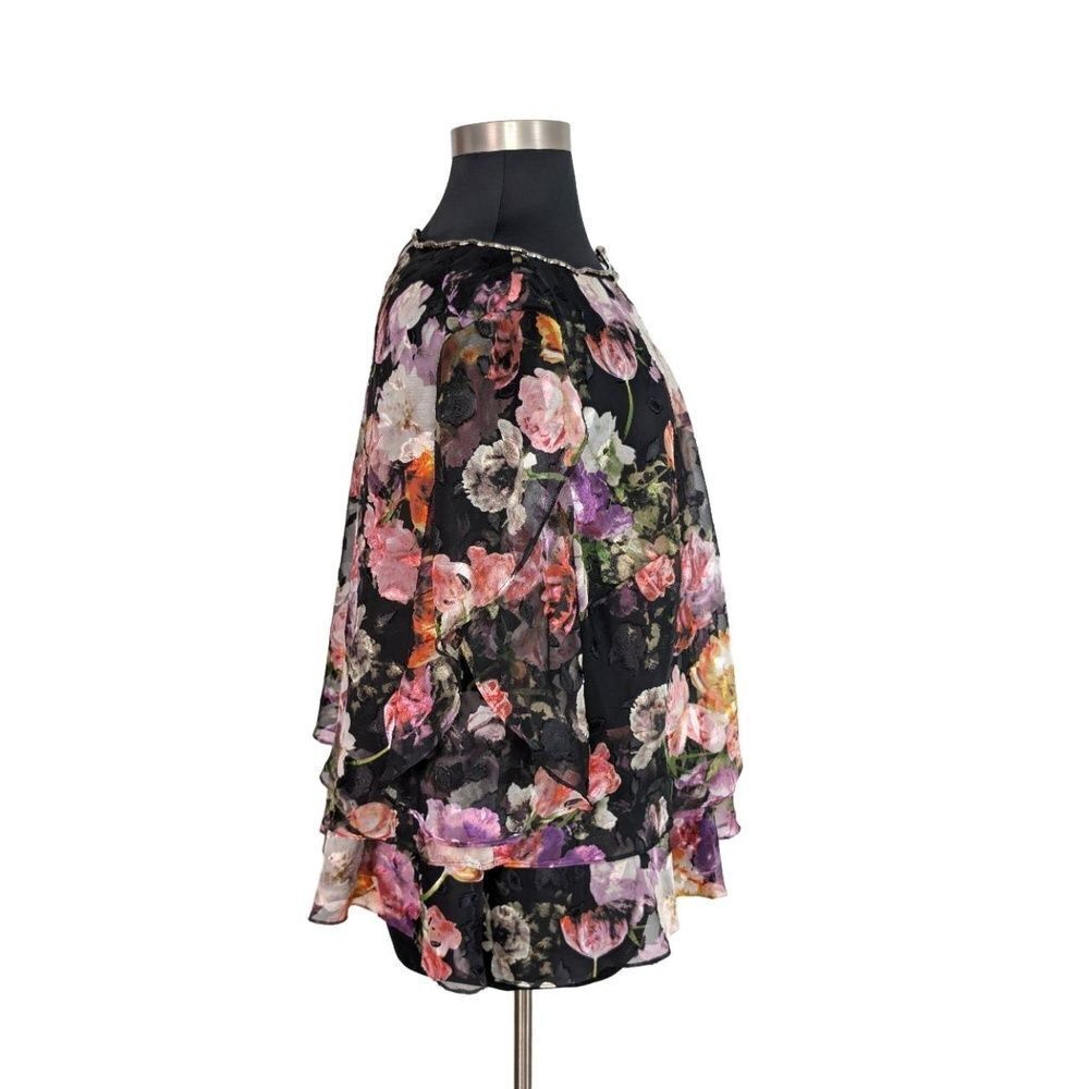 Alex Evenings 3X Black Purple Floral Top Short Sleeve Elegant Whimsy Fairy - Picture 3 of 6